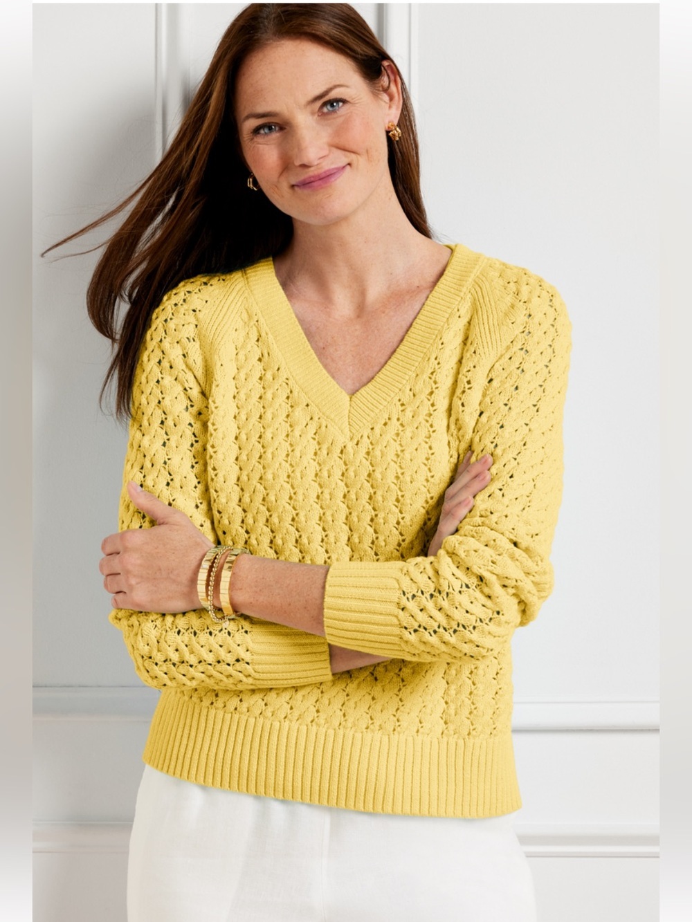 Talbots Open Knit V-Neck 100% Cotton Yellow Large Sweater